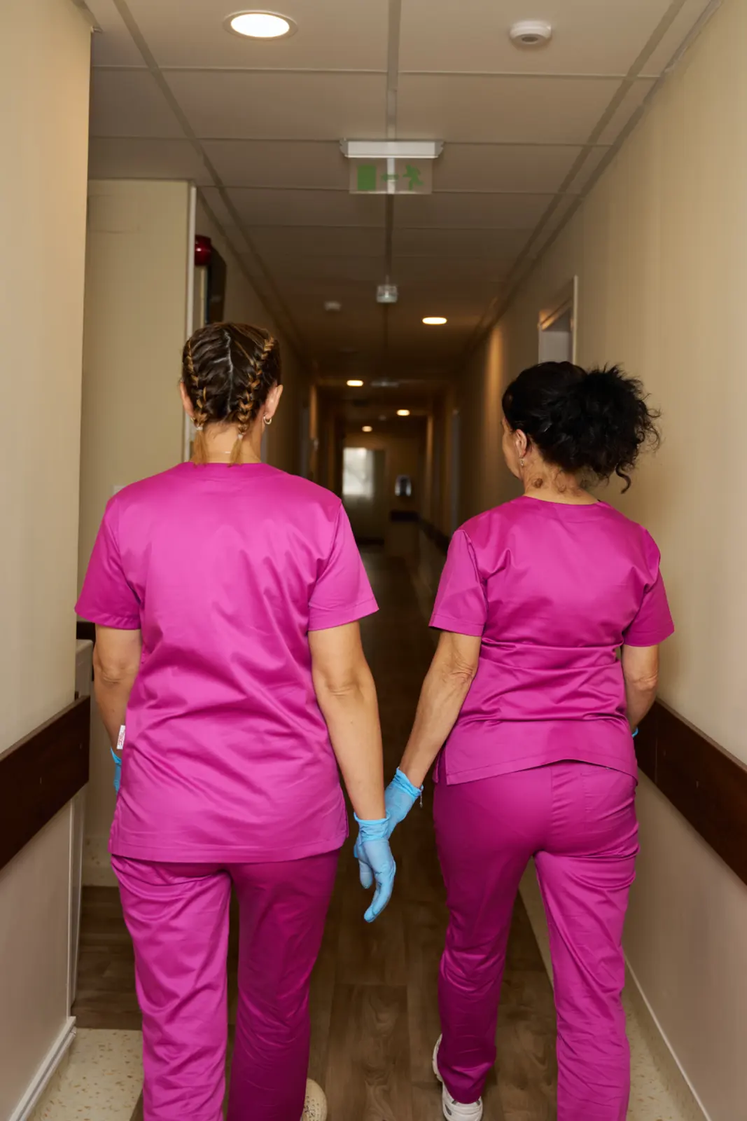 Două asistente medicale în uniforme roz și mănuși albastre merg împreună pe coridorul unui centru, AsertivO Otopeni