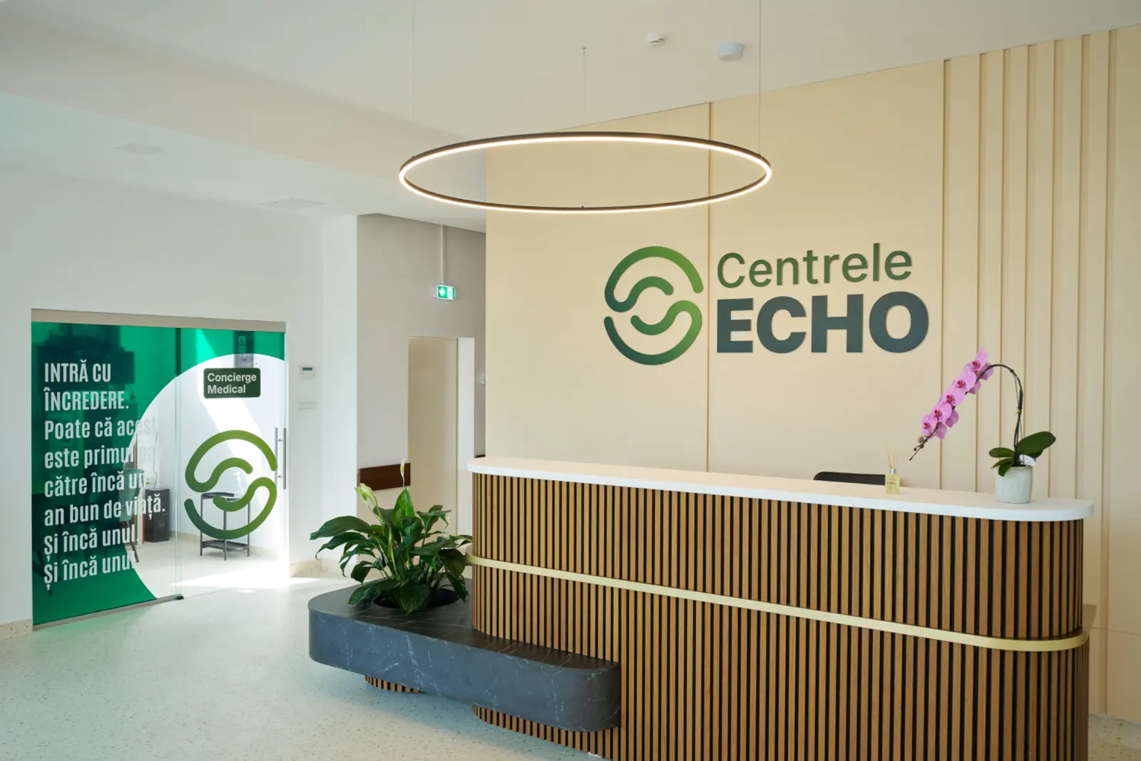 Recepție modernă a Centrelor ECHO cu tejghea din lemn și marmură, logo verde pe perete, AsertivO Otopeni