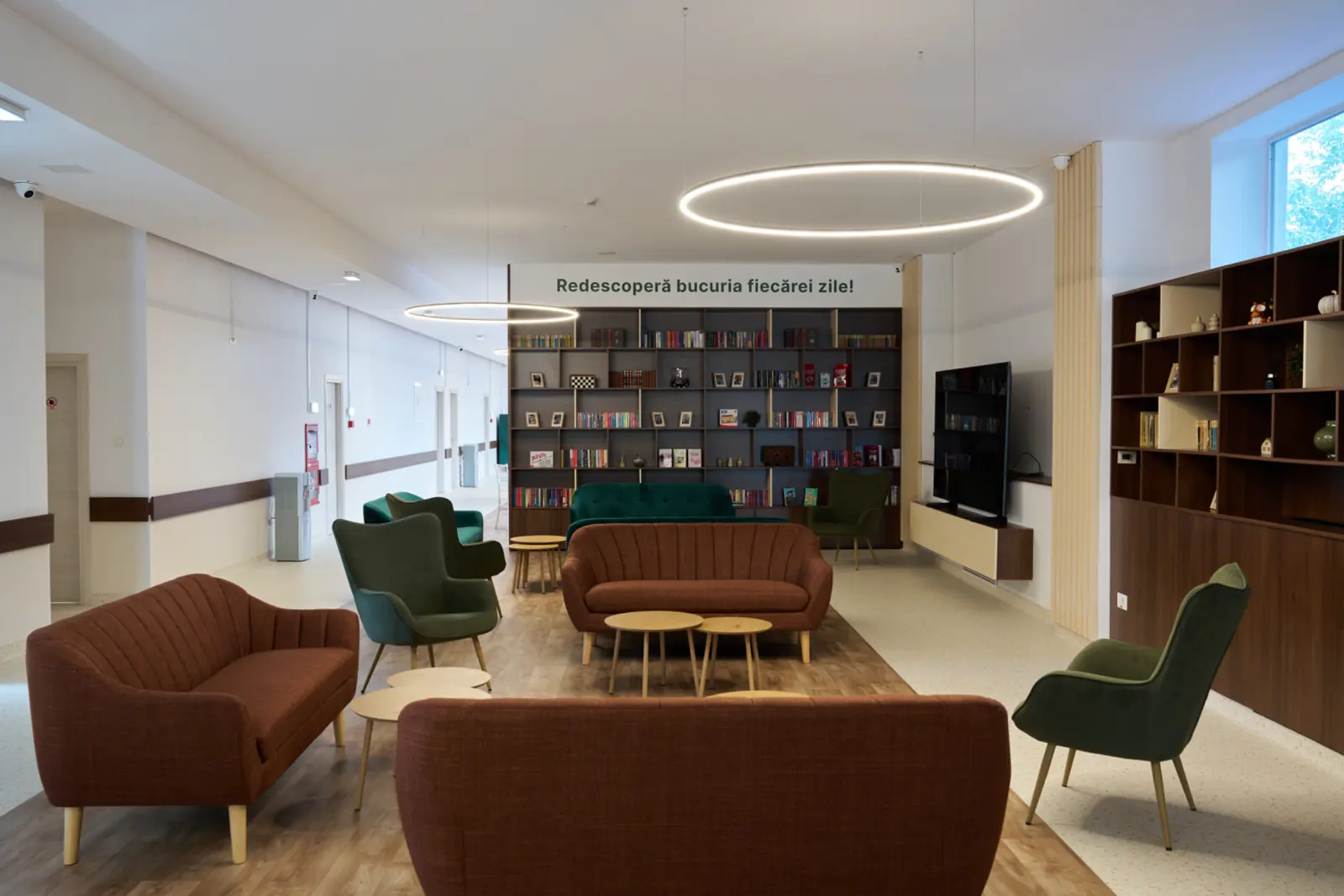 Salon de relaxare luminos cu canapele maro și verzi, bibliotecă plină cu cărți, AsertivO Otopeni