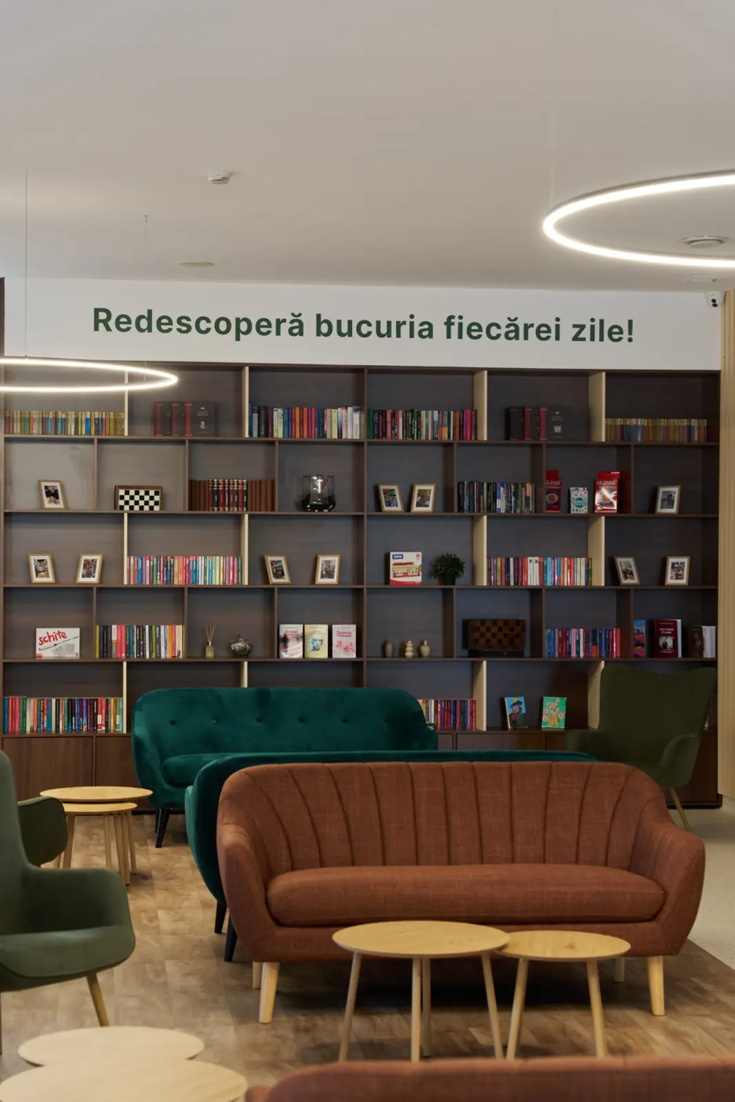 Zonă de relaxare modernă cu bibliotecă plină de cărți, canapele verzi și maro, măsuțe din lemn, AsertivO Otopeni